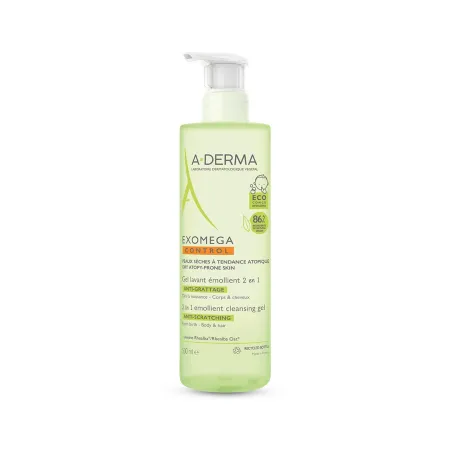 A-Derma Exomega Gel Limpiador Emoliente 2 en 1 cuerpo y cabello, 500 ml