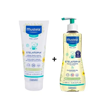 Mustela Stelatopia Pack Crema Emoliente + Aceite, 200 + 500 ml.