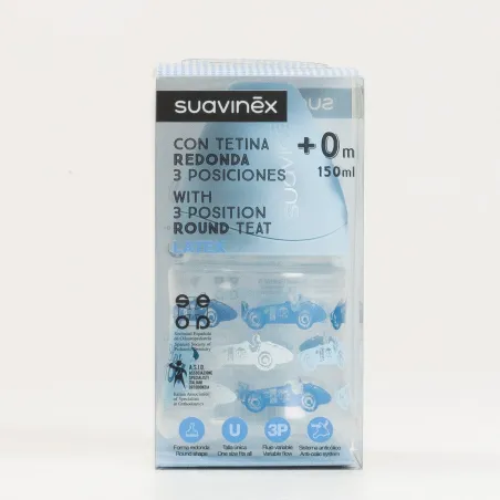 Suavinex Biberon Tetina Redonda 3 Posiciones Azul, 150ml.